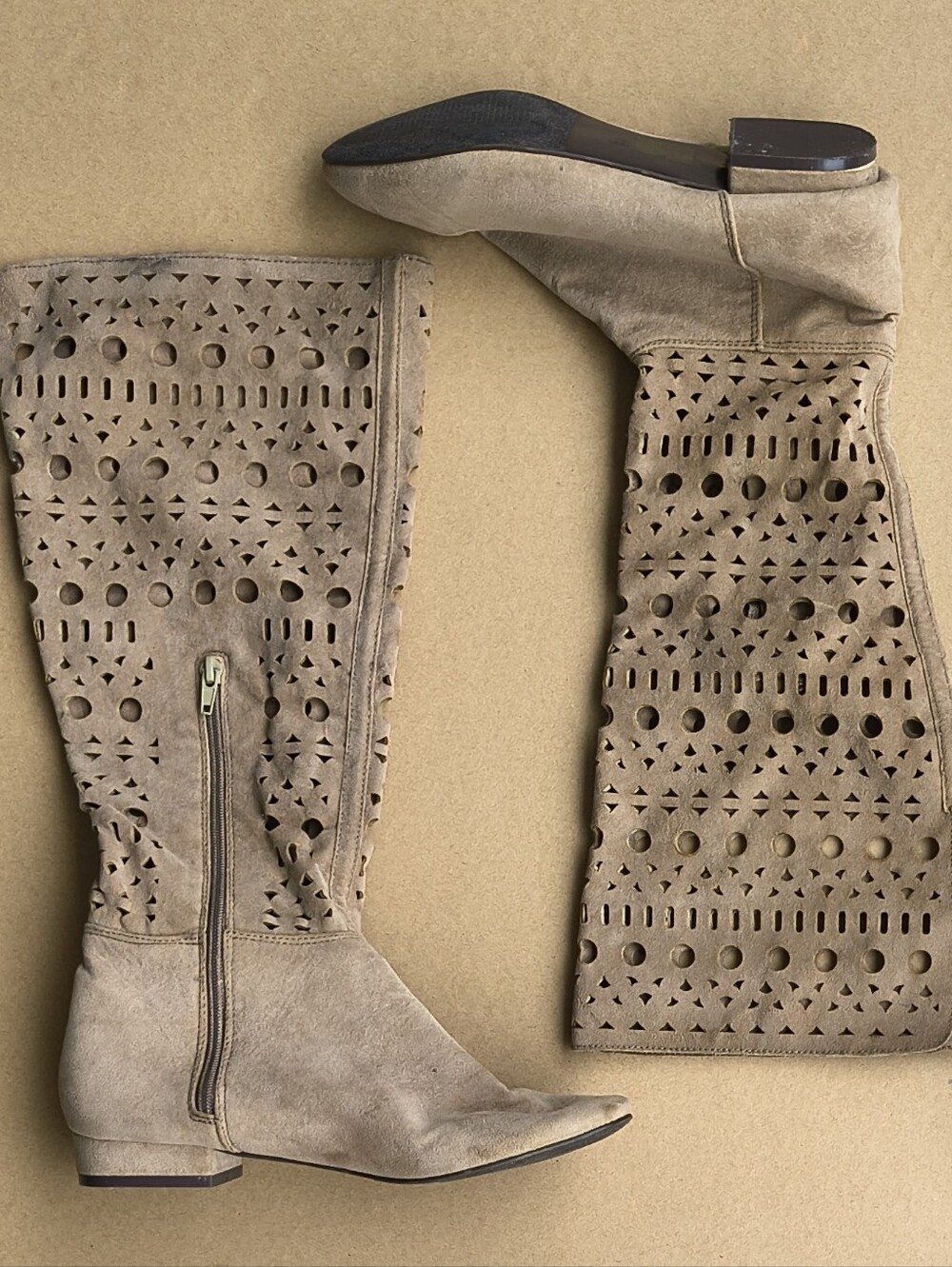 Women's Taupe Perforated Knee-High Suede Boots